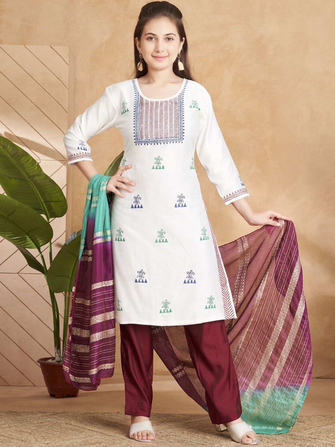 BAESD Girls Floral Embroidered Regular Pure Silk Kurta with Trousers & With Dupatta-picture-23