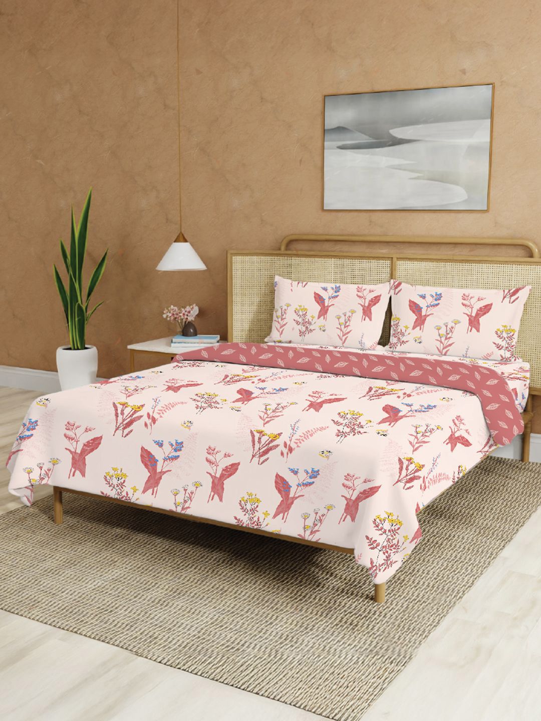 URBAN SPACE Peach-Coloured Floral Cotton 2 Piece Double Queen Superfine Bedding Set-image-15