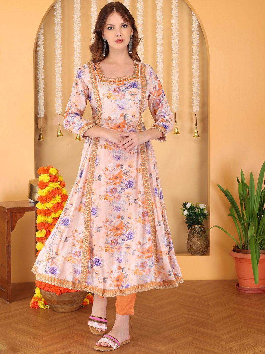 Anouk Floral Printed Thread Work A-Line Straight Kurta With Trousers & Dupatta