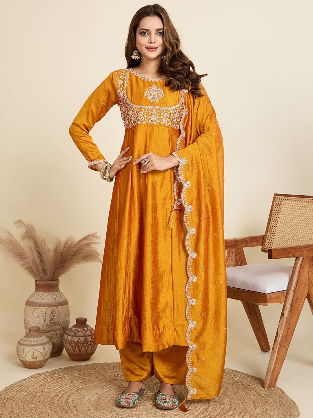 AKSHARAM Floral Embroidered Regular Sequinned Kurta with Trousers & Dupatta