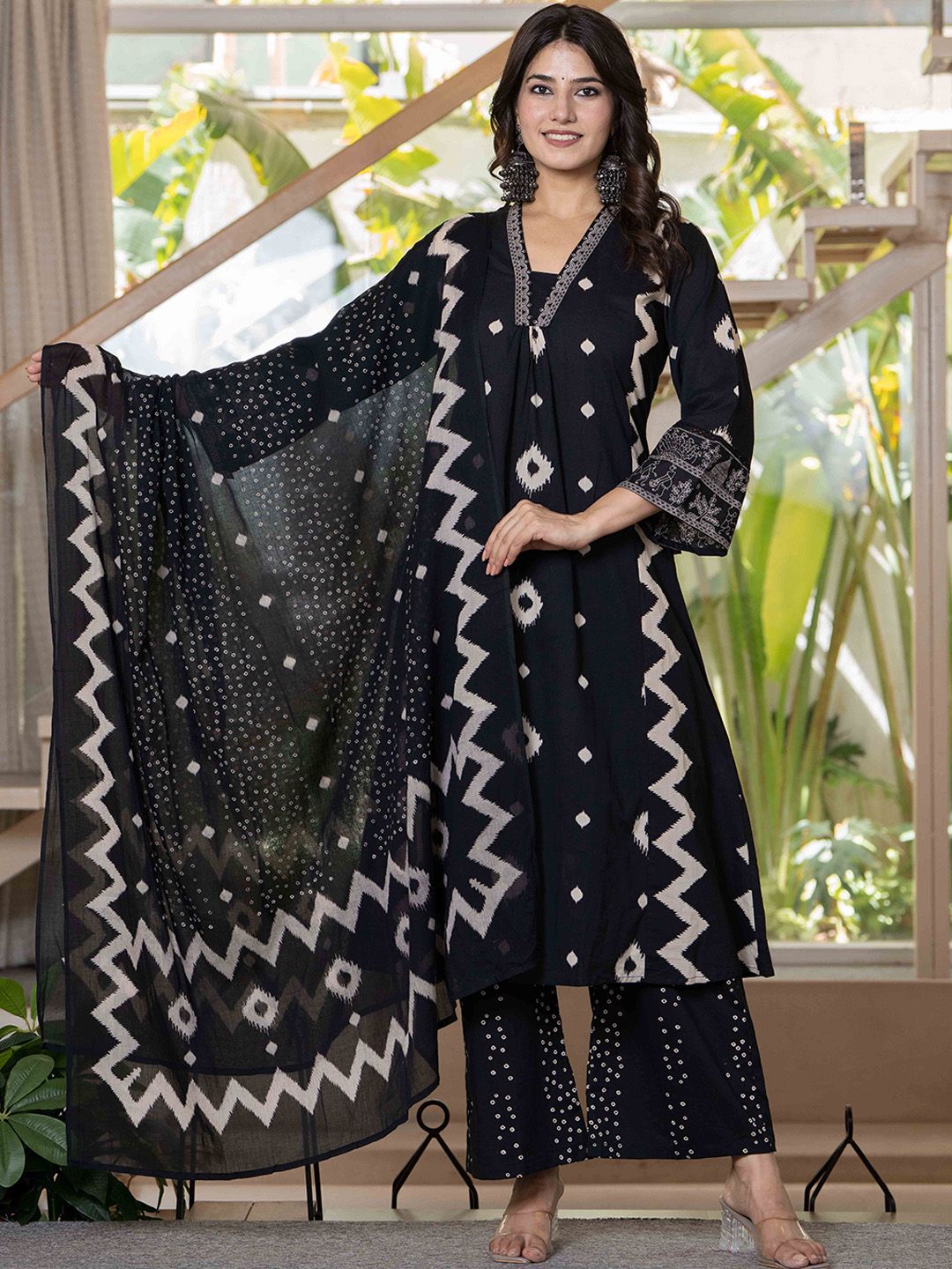 Pistaa Ethnic Motifs Printed Pleated Pure Cotton A-Line Kurta With Palazzos & Dupatta