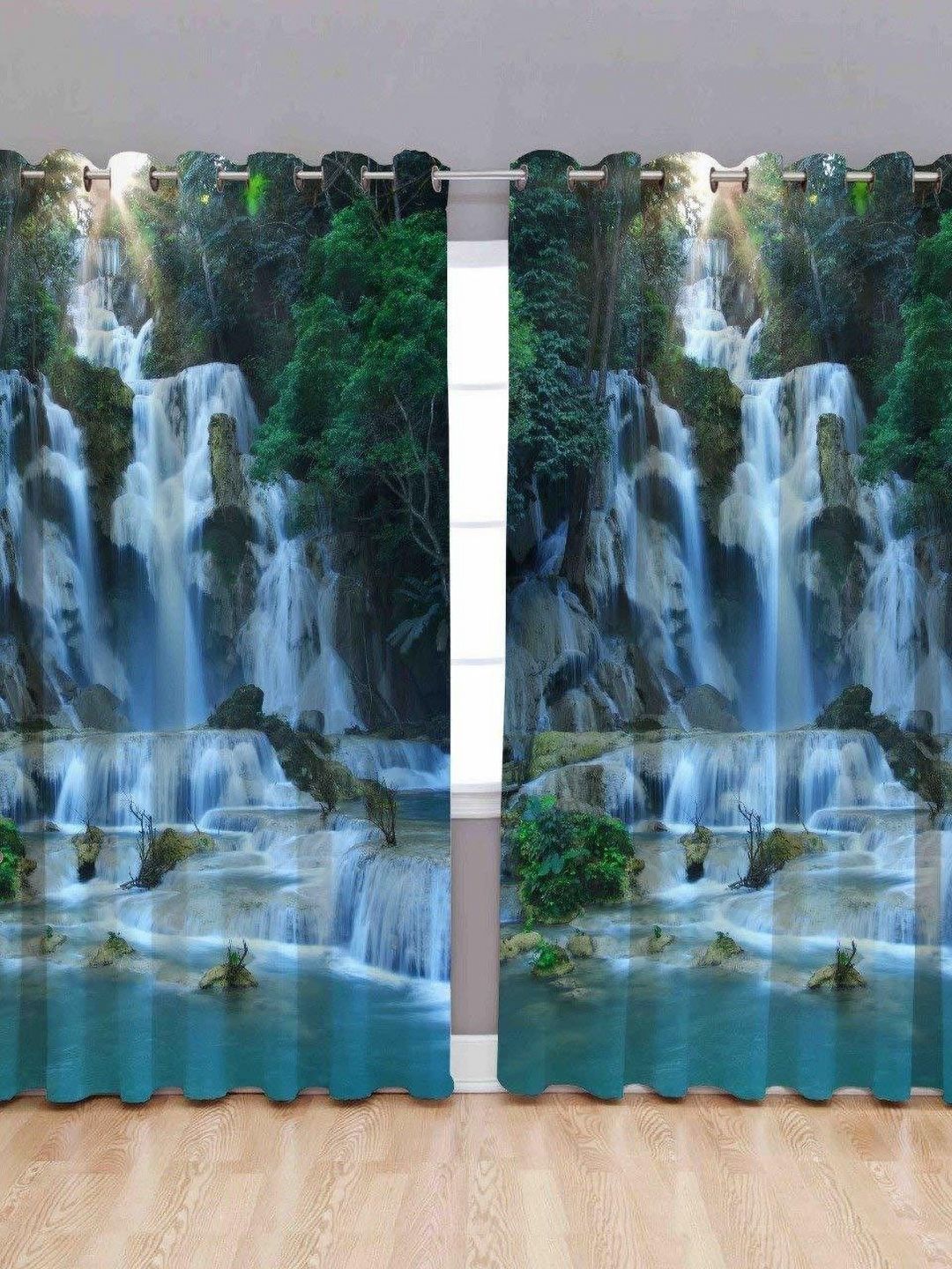 BELLA TRUE Blue & Green 2 Pieces Tropical Printed Black Out Long Door Curtains-picture-24