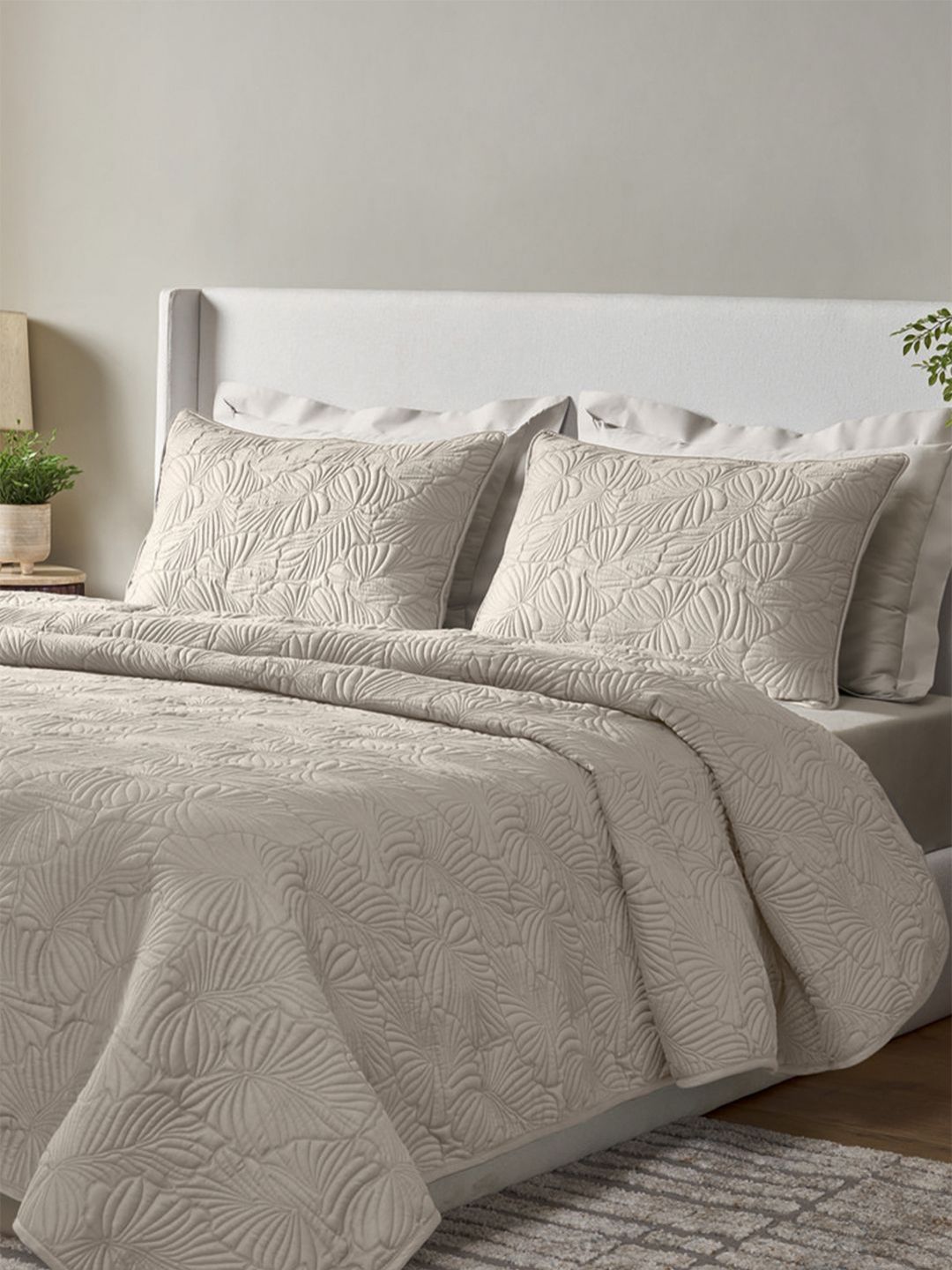 SANSAAR A DDECOR BRAND LIVE CONSCIOUSLY Grey Self Design Cotton 3 Piece Bedding Set-image-42