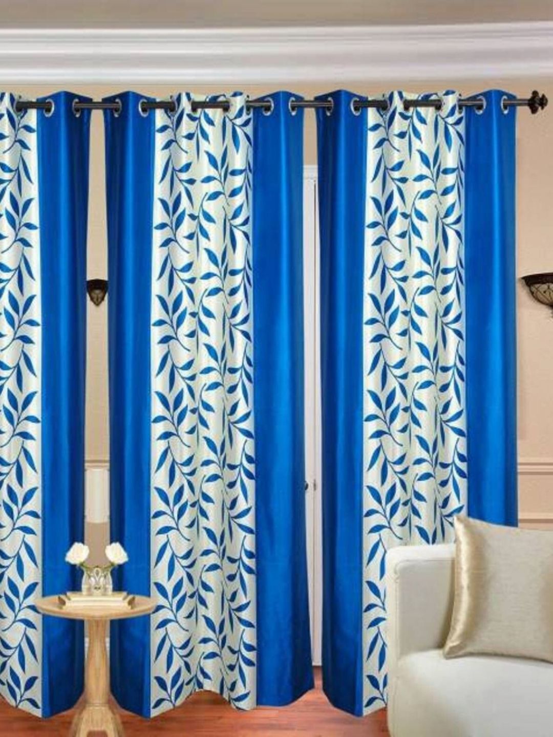 BELLA TRUE White & Blue 4 Pieces Floral Printed Black Out Window Curtains-picture-30