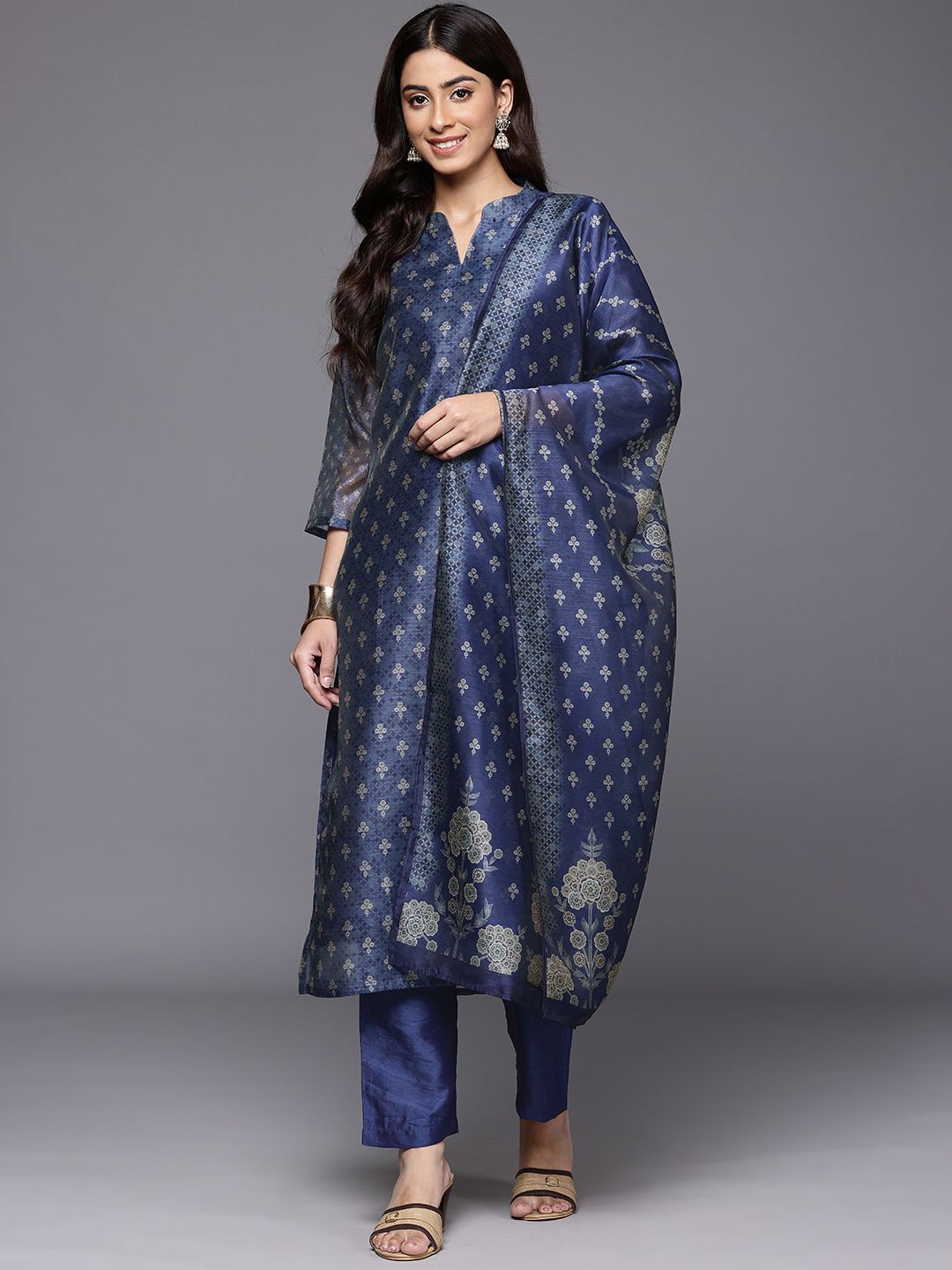 all about you Floral Printed Mandarin Collar Chanderi Silk Kurta With Trousers & Dupatta