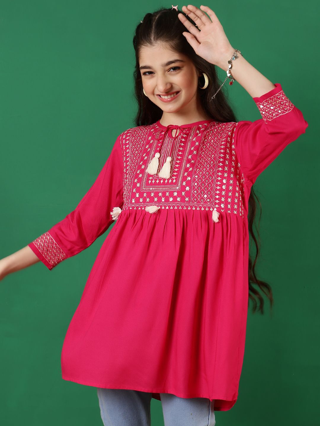 Miss & Chief Girls Embroidered Tie-Up Neck Top