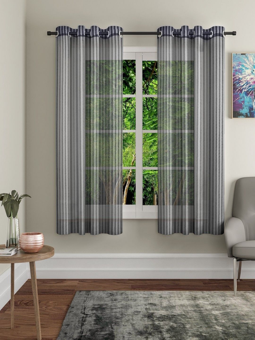 BELLA TRUE Black & Grey 2 Pieces Striped Eyelet Fitted Sheer Window Curtains-image-47