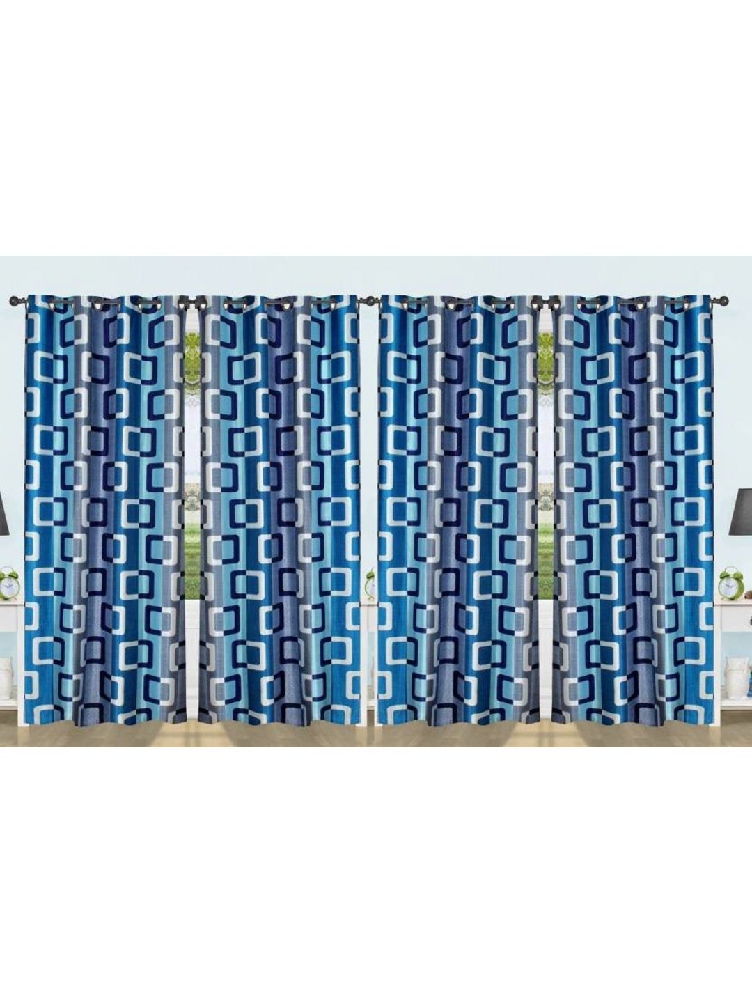 BELLA TRUE Blue & White 4 Pieces Geometric Printed Black Out Window Curtains-picture-32