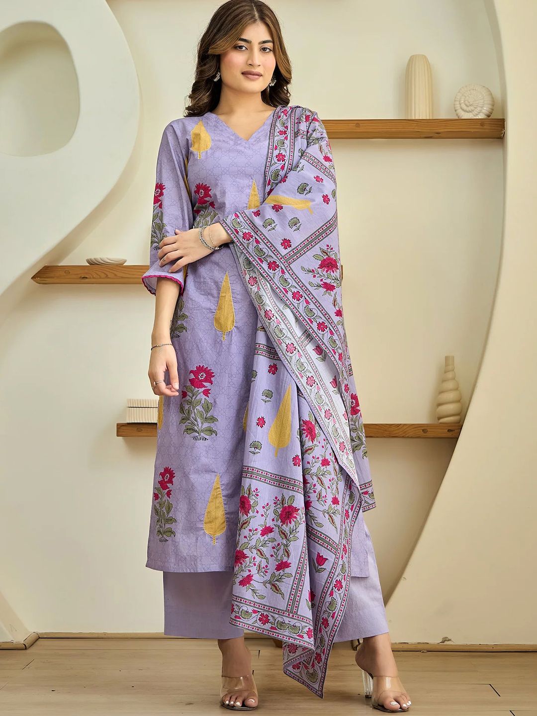 GoSriKi Floral Printed V-Neck Straight Kurta With Palazzos And Dupatta-picture-32