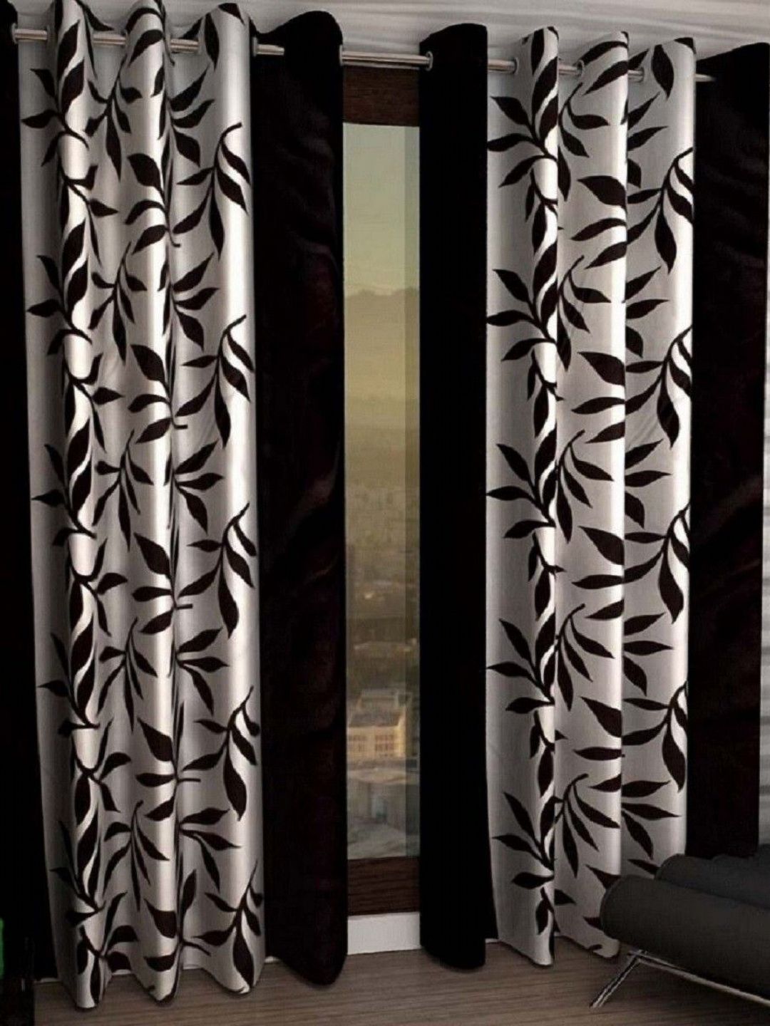 BELLA TRUE Black & white 2 Pieces Floral Printed Ripple Fold Window Curtains-picture-37