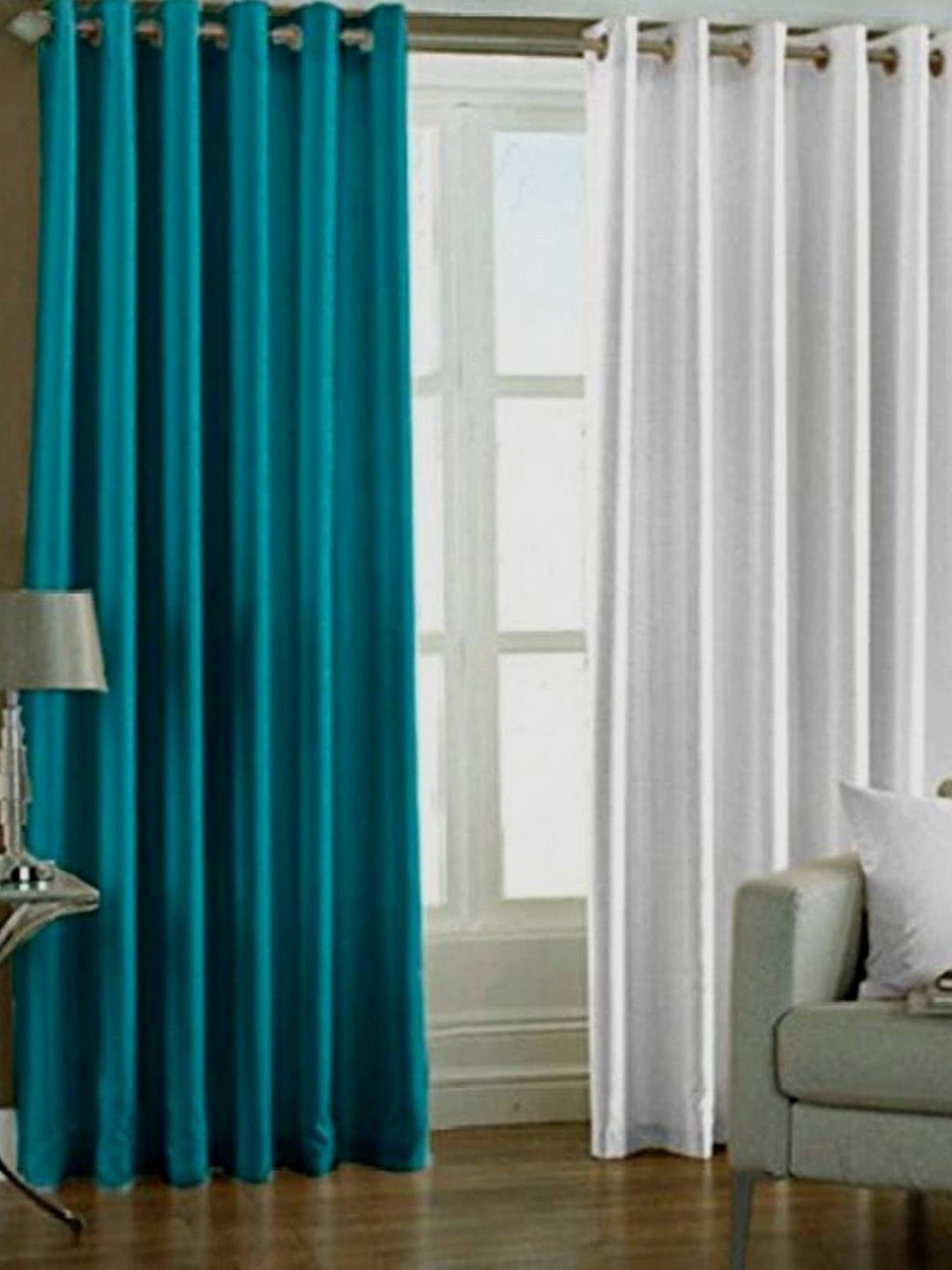 BELLA TRUE White & Teal 2 Pieces Ripple Fold Window Curtains-image-48