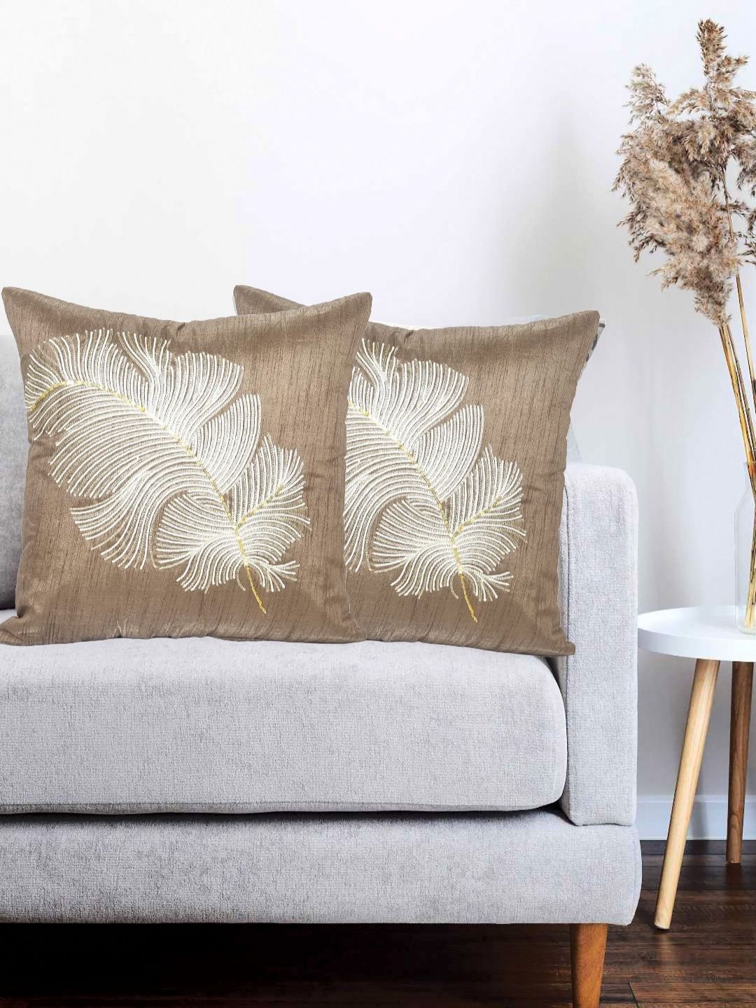 Vinayaka Fab Brown Set of 2 Floral Square Cushion Covers