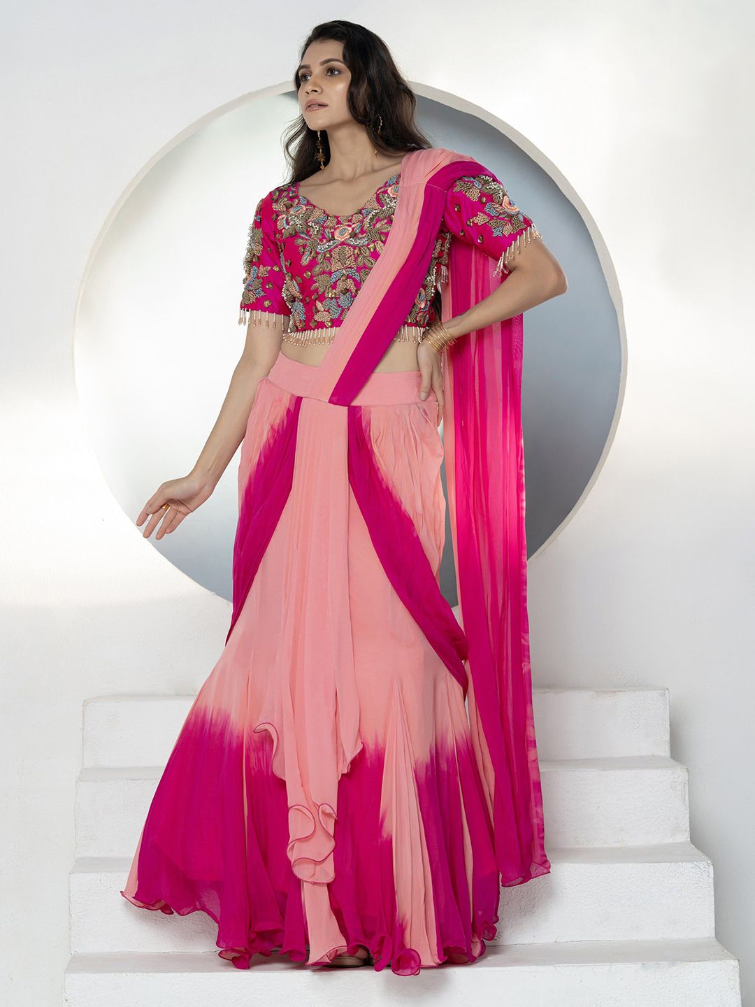 GloballyRonakRBafna Ombre Embroidered Lehenga Saree With Stitched Blouse-picture-47