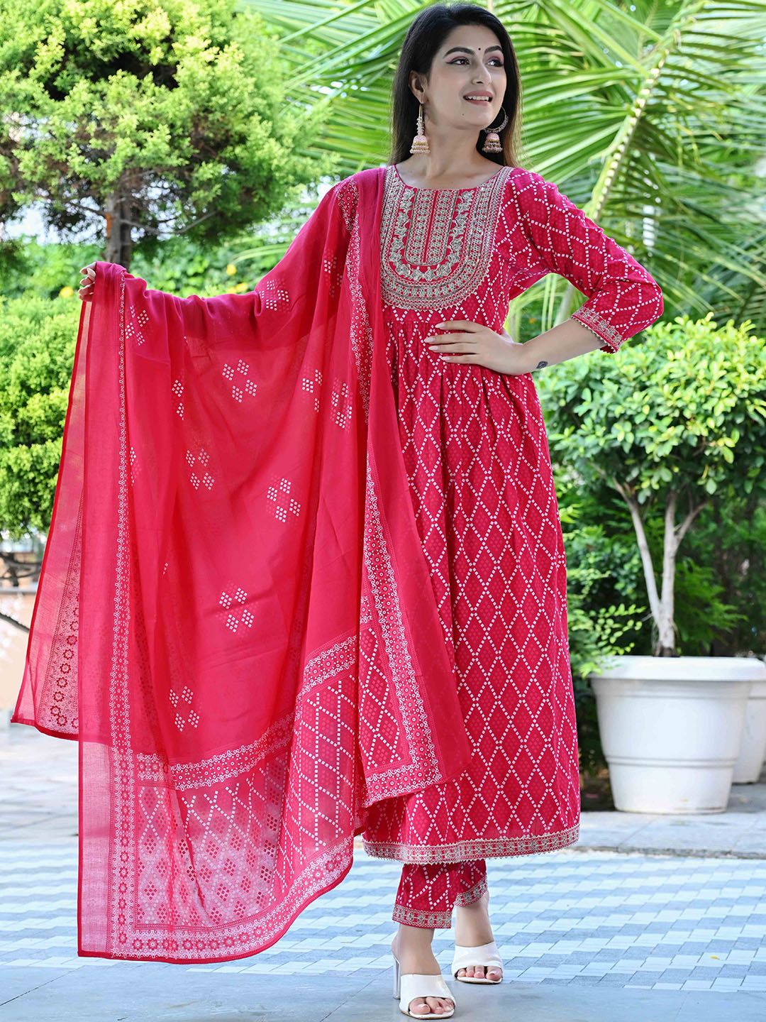 AAYUFAB Women Bandhani Printed A-Line Kurta with Trousers & Dupatta