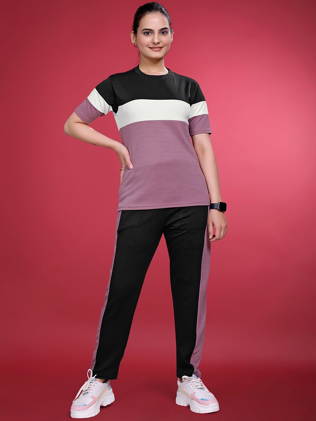 JK Creation Women Striped Round Neck T-Shirt With Trouser Co-Ords-picture-11