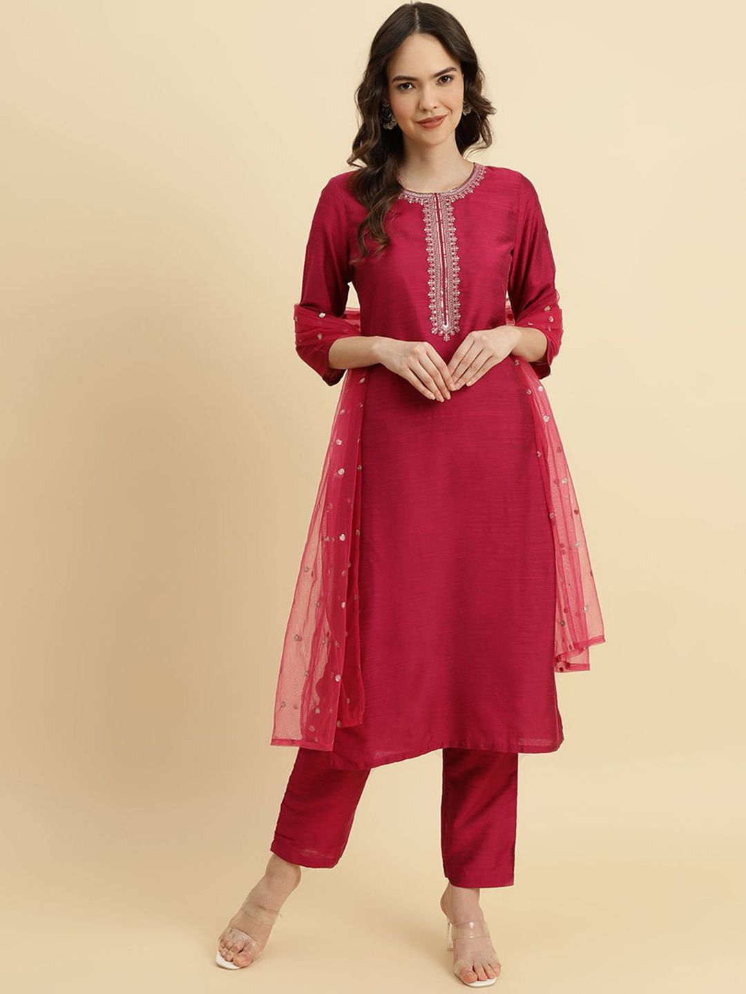 all about you Floral Yoke Design Round Neck Thread Work Kurta With Trousers & Dupatta