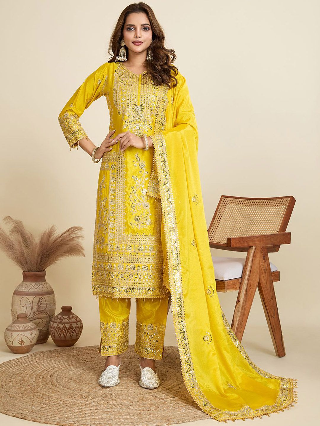 AKSHARAM Floral Embroidered Sequinned Georgette Straight Kurta With Trousers & Dupatta