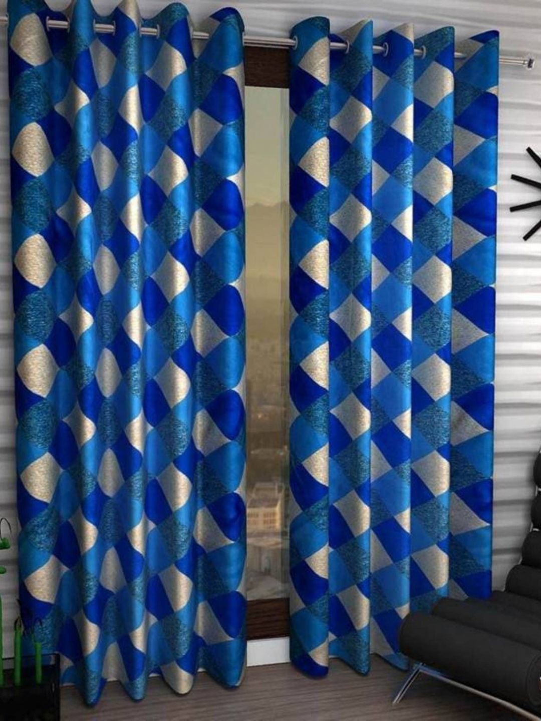BELLA TRUE Blue & Beige 2 Pieces Geometric Printed Black Out Window Curtains-picture-34