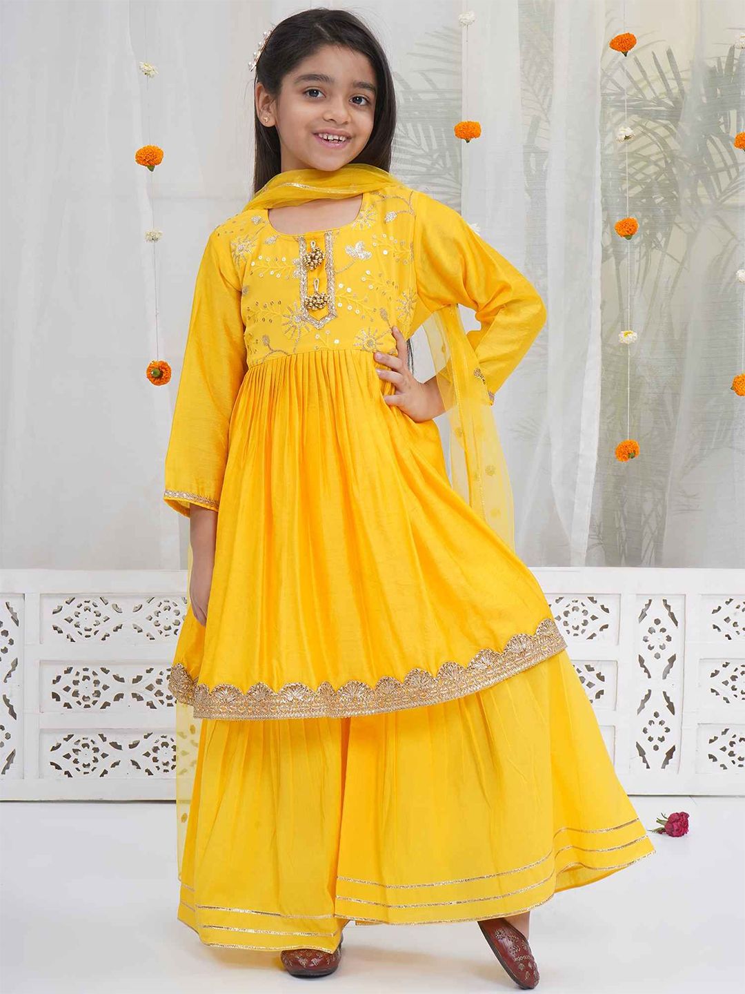 Little Bansi Girls Yoke Design Sequinned Pure Cotton Kurta With Sharara & Dupatta-picture-53