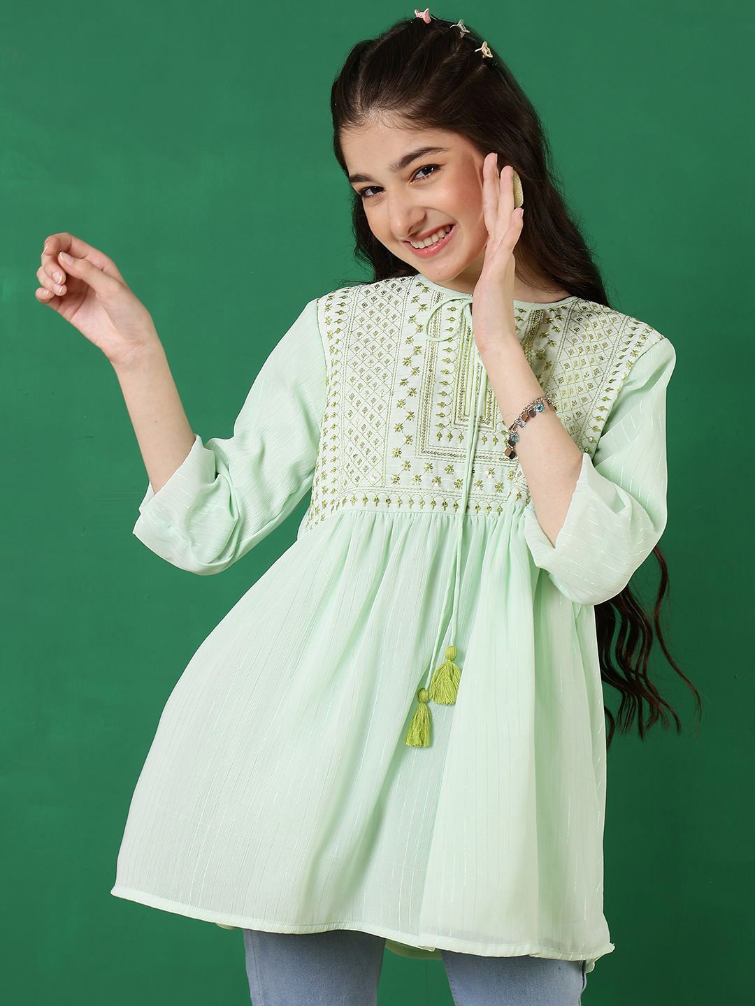 Miss & Chief Embroidered Tie-Up Neck Georgette Top-picture-24
