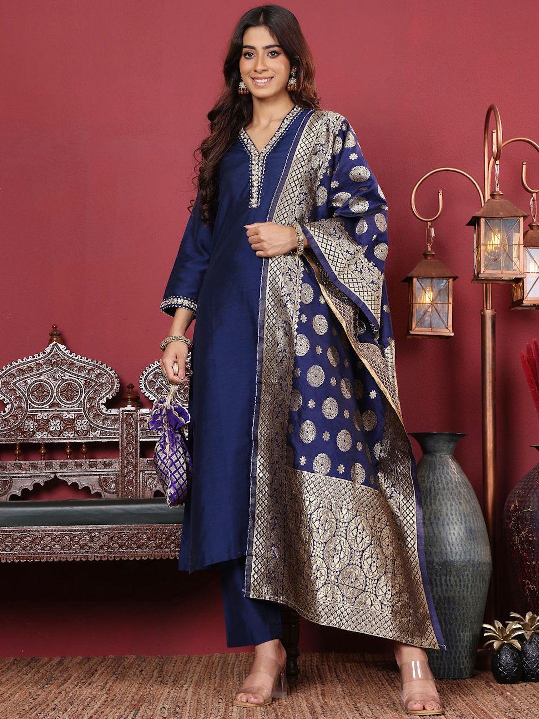 all about you Floral Yoke Design V-Neck A-Line Kurta With Trousers & Dupatta