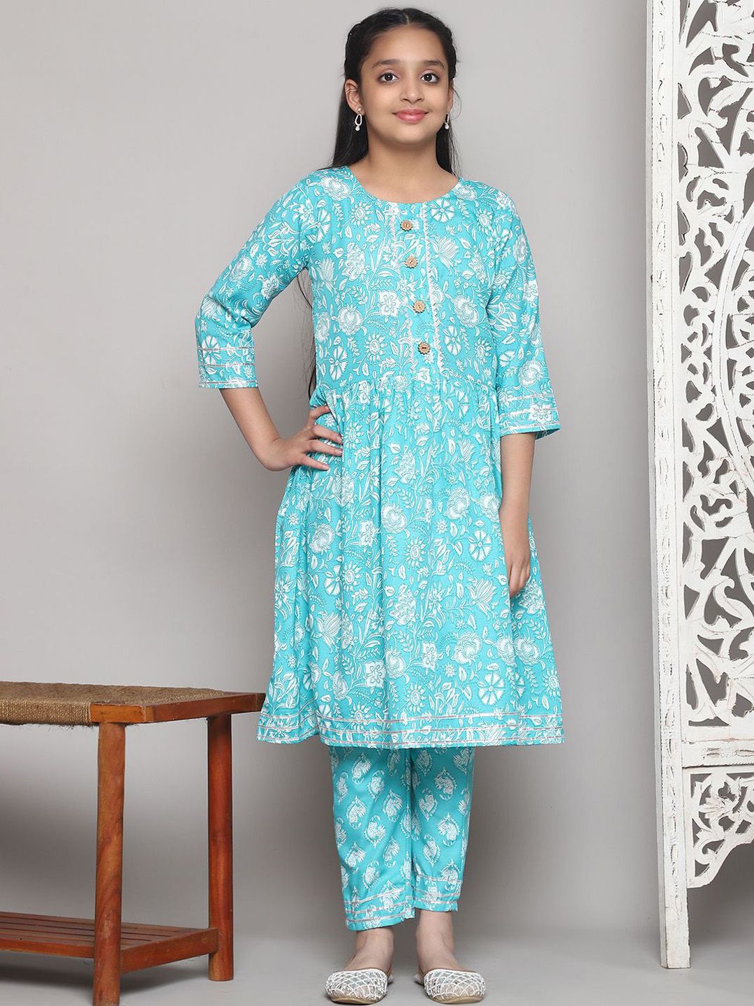 Bholukart Girls Floral Printed Round Neck Pleated Anarkali Kurta With Trousers-picture-21