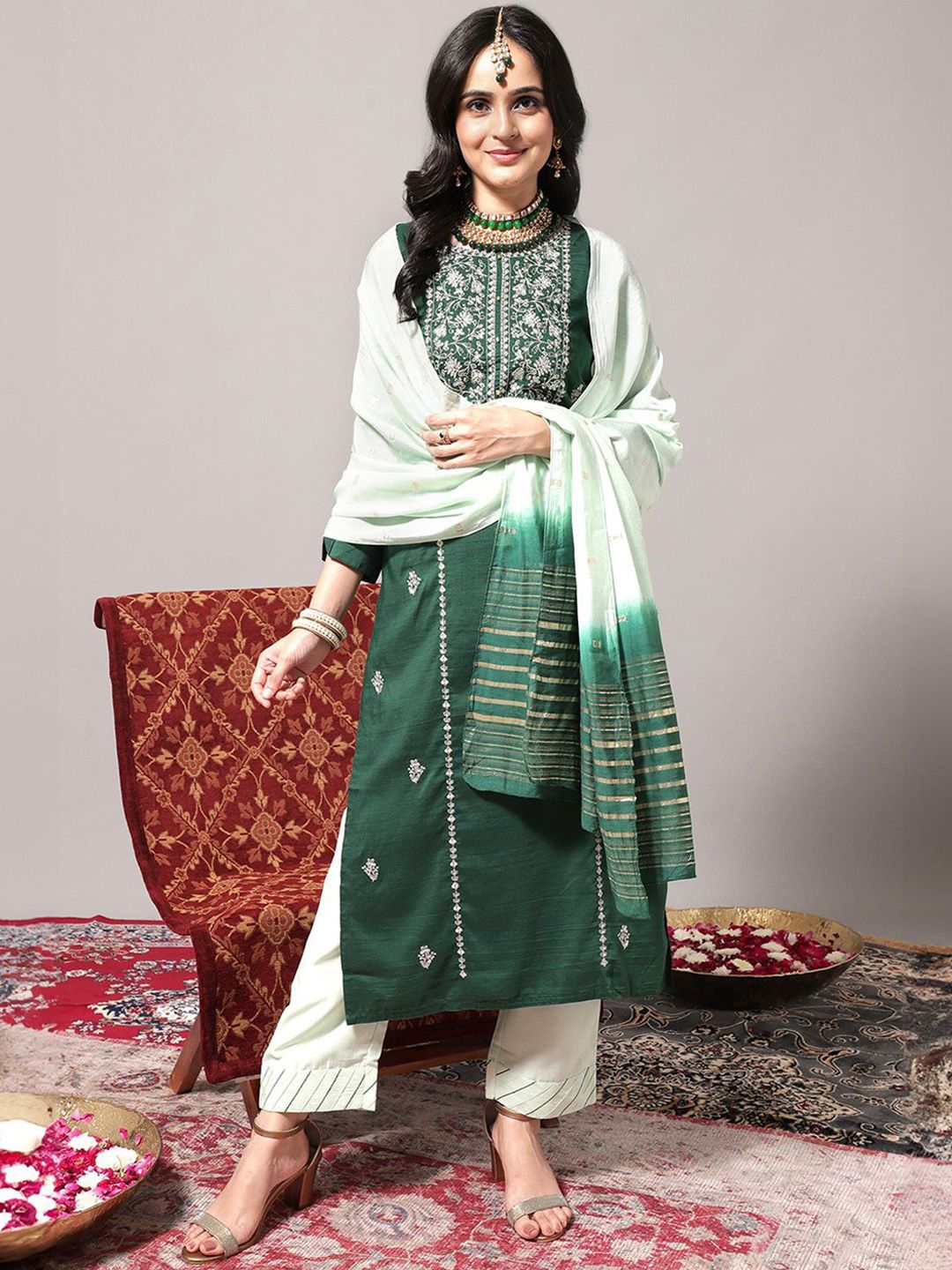 all about you Women Woven Design Embroidered Cotton Kurta with Trousers & Dupatta