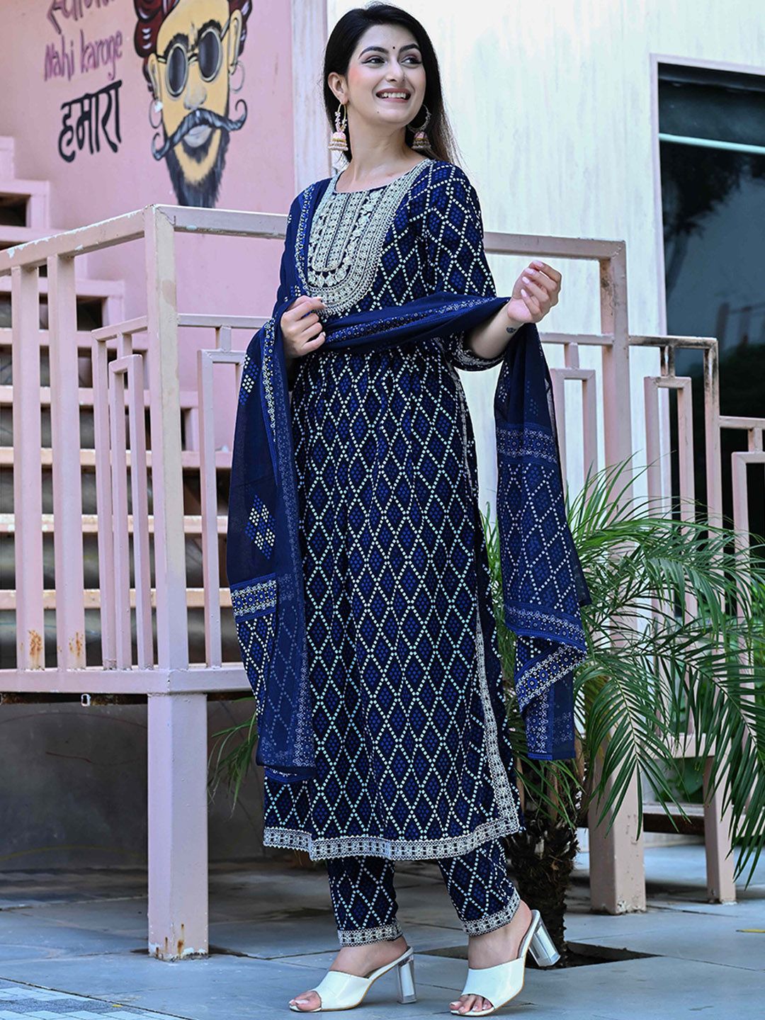 AAYUFAB Women Bandhani Embroidered A-Line Kurta with Trousers & Dupatta