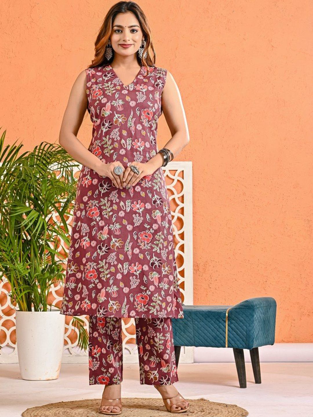 Khatri Creations Printed V-Neck Pure Cotton Tunic With Trousers