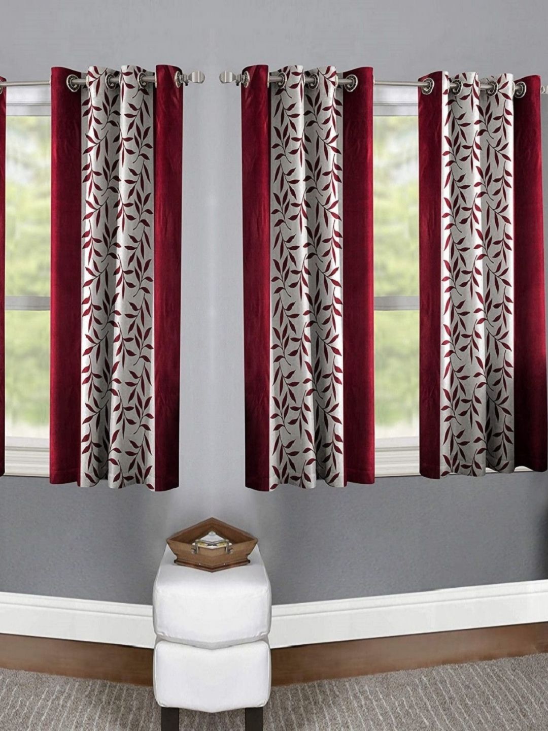 BELLA TRUE 4 Pcs Maroon & White Floral Printed Black Out Window Curtains-picture-36