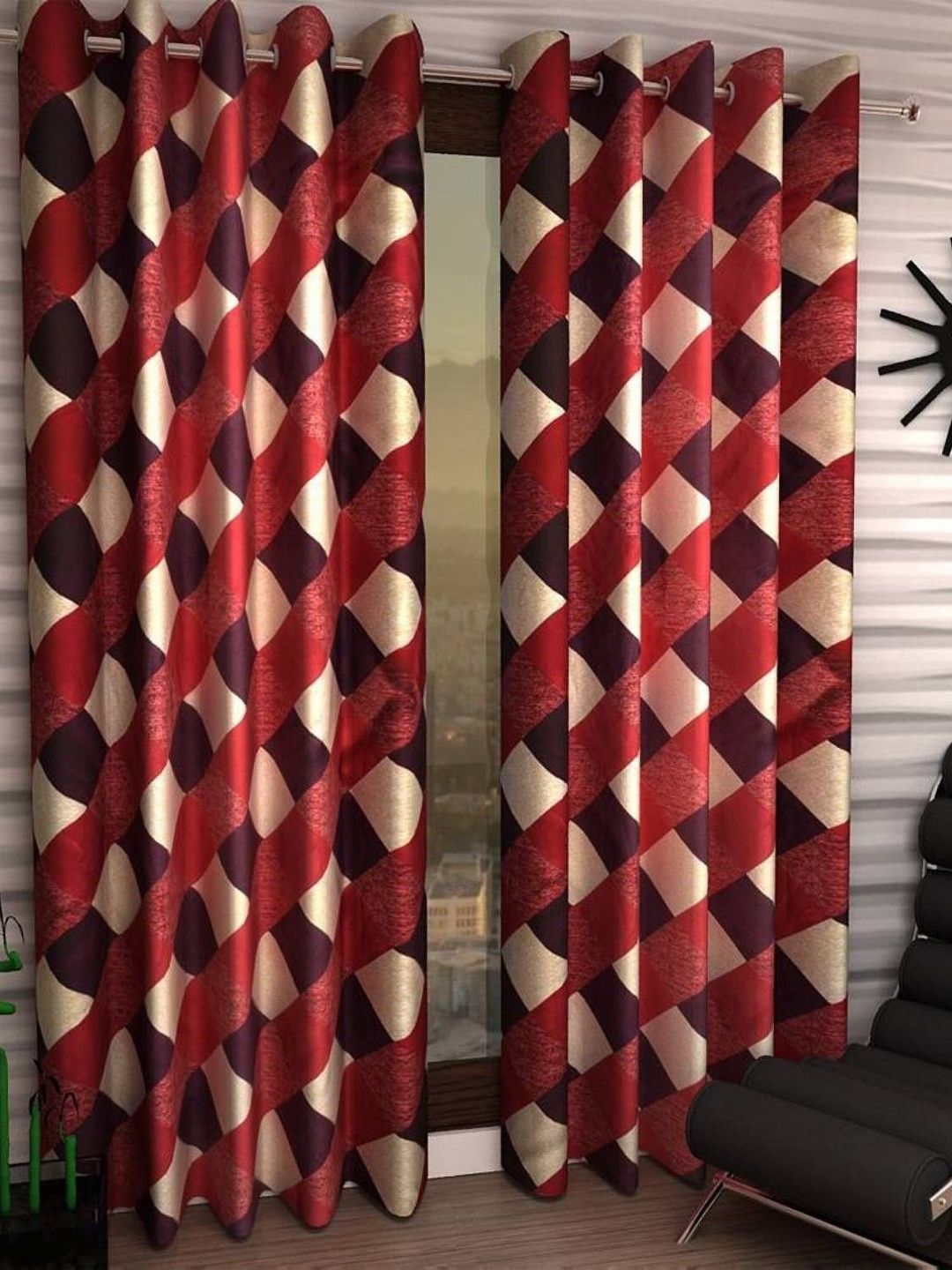 BELLA TRUE Red & White 2 Pieces Geometric Ripple Fold Long Door Curtains-picture-22