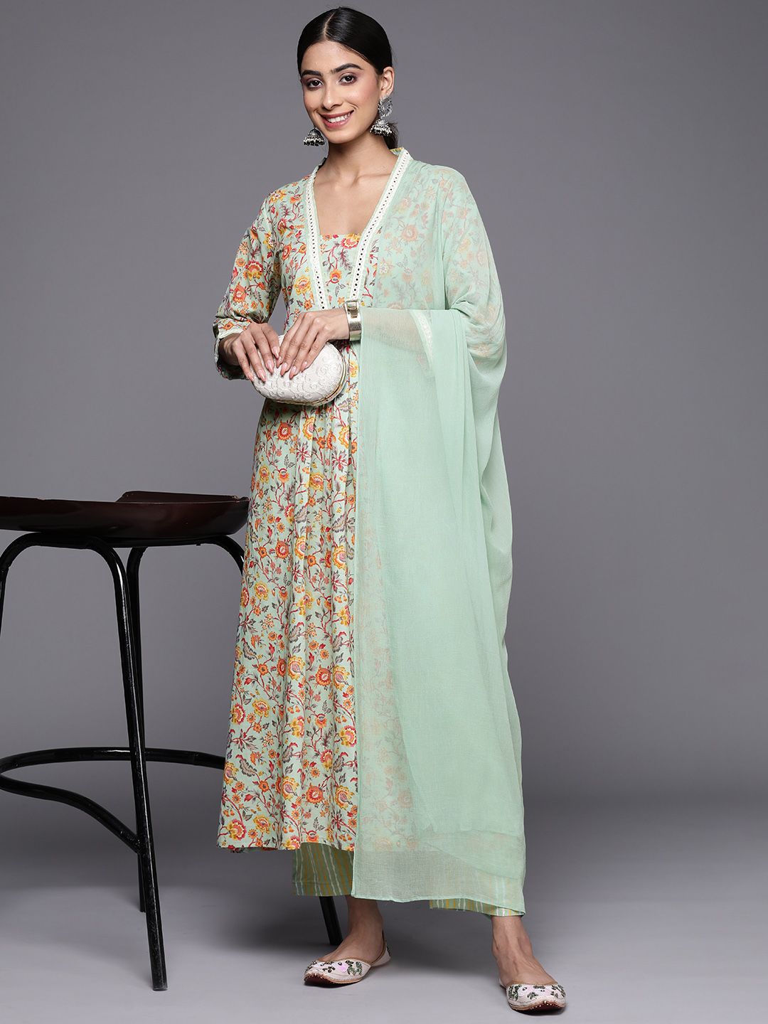 all about you Floral Printed Mirror Work A-Line Kurta With Trousers & Dupatta
