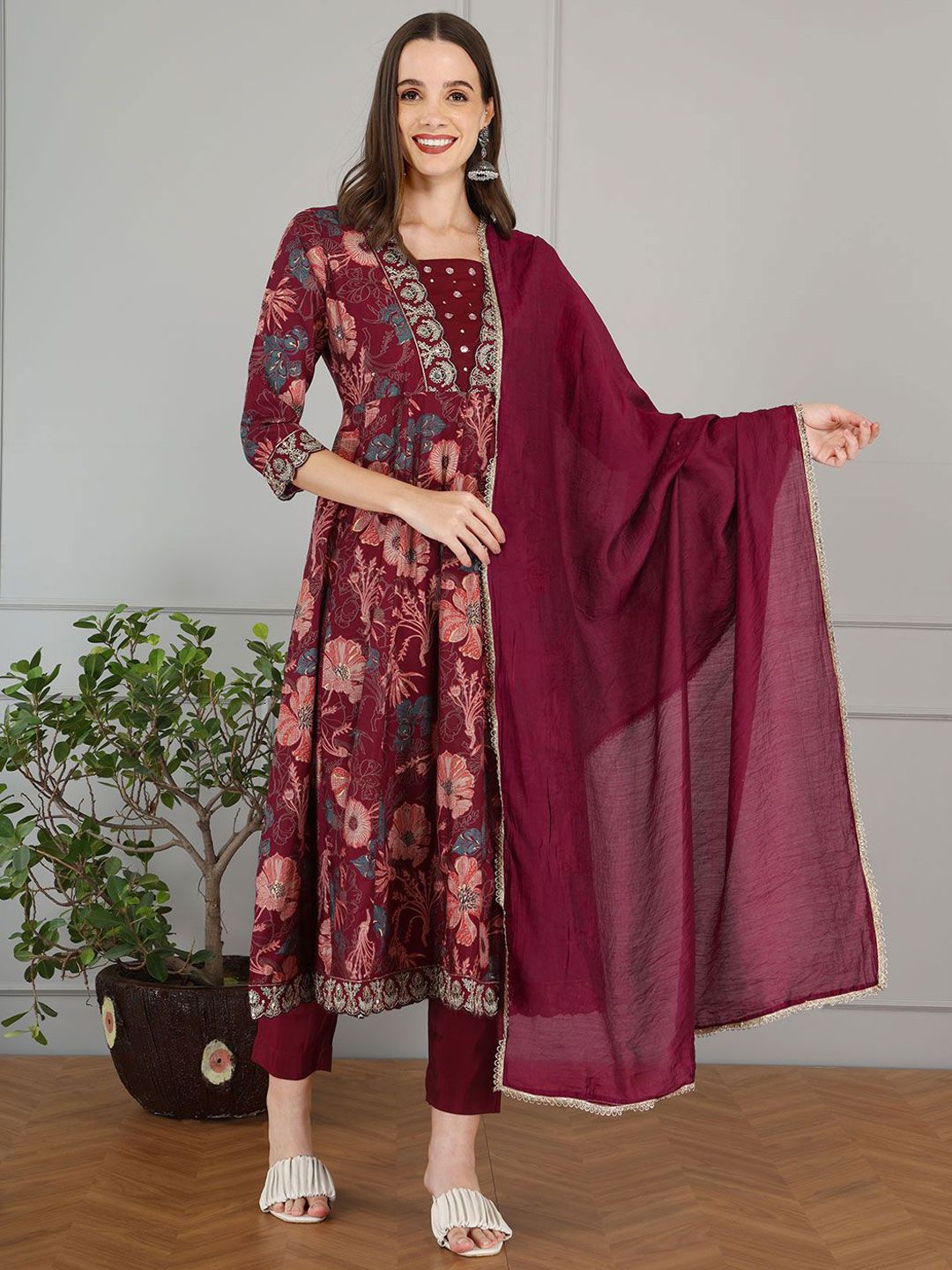 Anouk Women Floral Printed Anarkali Kurta with Trousers & Dupatta