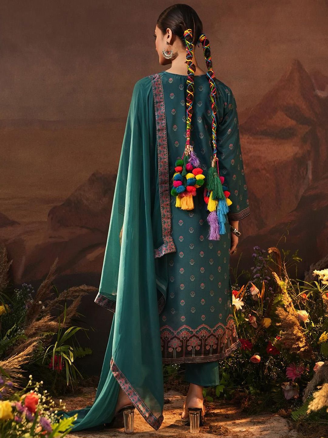 Floral Printed Kurta With Trousers & Dupatta