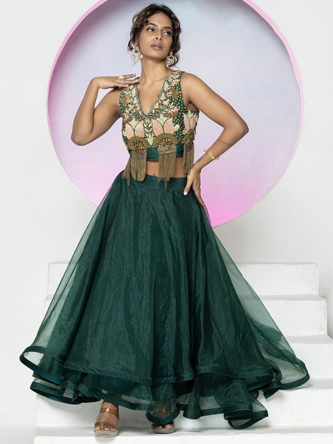 GloballyRonakRBafna Embroidered Organza Thread Work Made to Measure Lehenga & Blouse-picture-24