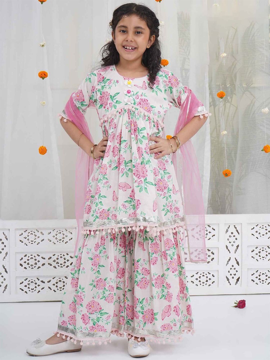 Little Bansi Girls Floral Printed Regular Pure Cotton Kurta with Sharara & Dupatta-picture-27