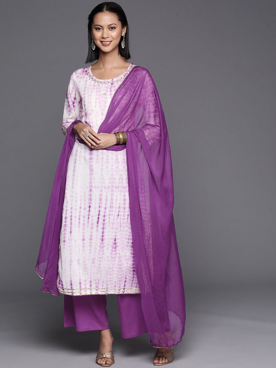 all about you Leheriya Printed Zari Pure Cotton Straight Kurta With Palazzos & Dupatta