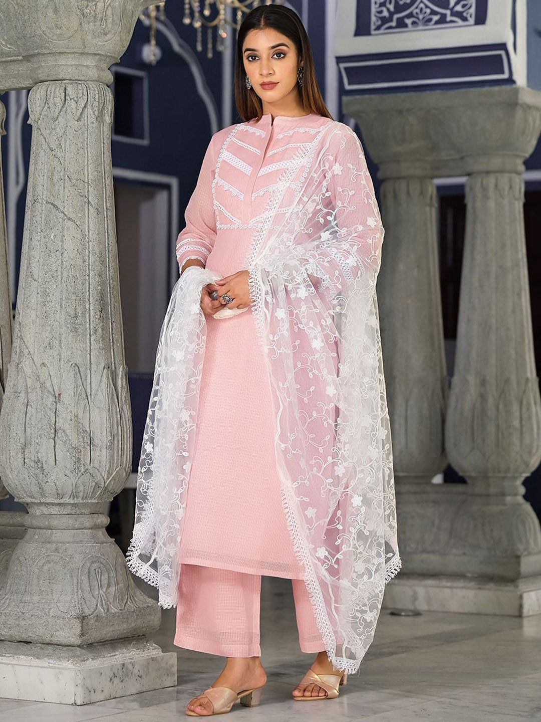 all about you Floral Yoke Design Thread Work Mandarin Collar Kurta With Trousers & Dupatta