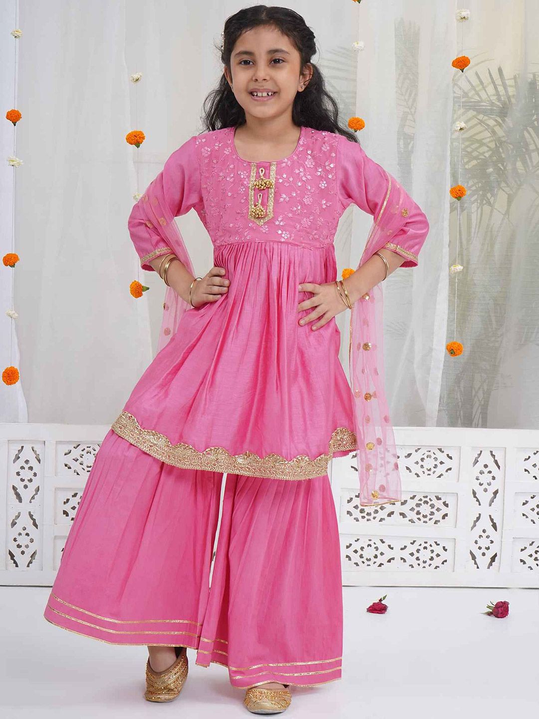 Little Bansi Girls Floral Embroidered Cotton A-Line Kurta with Sharara & Dupatta-picture-54