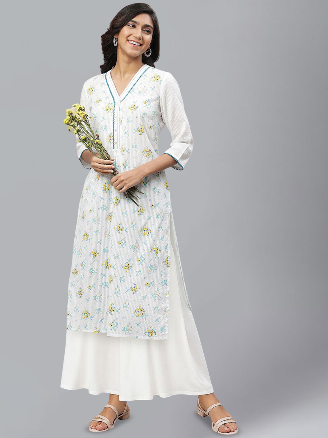 AURELIA Floral Printed V-Neck Straight Kurta With Palazzos