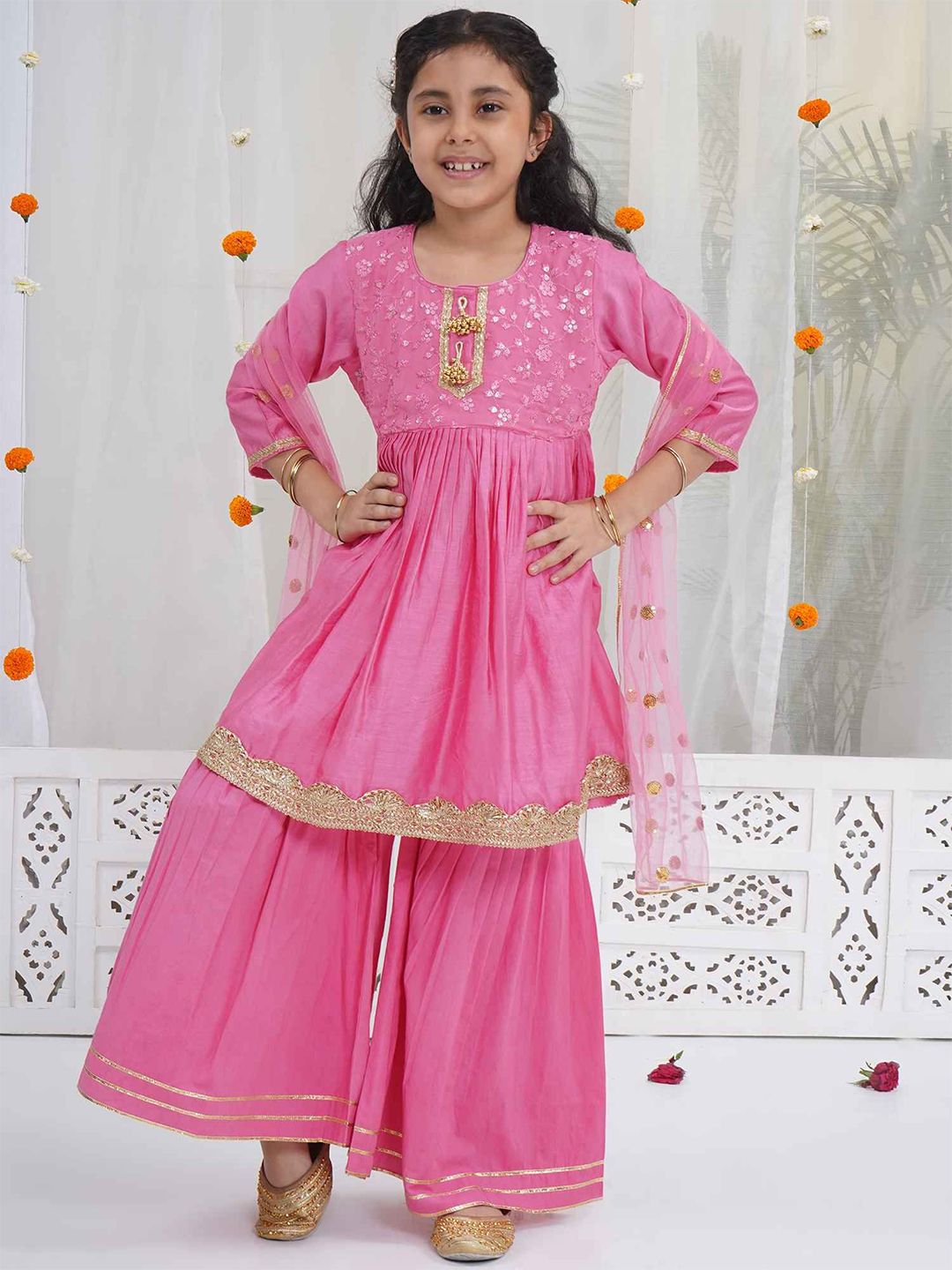 Little Bansi Girls Floral Embroidered Sequinned Pure Cotton Kurta With Sharara & Dupatta-picture-30