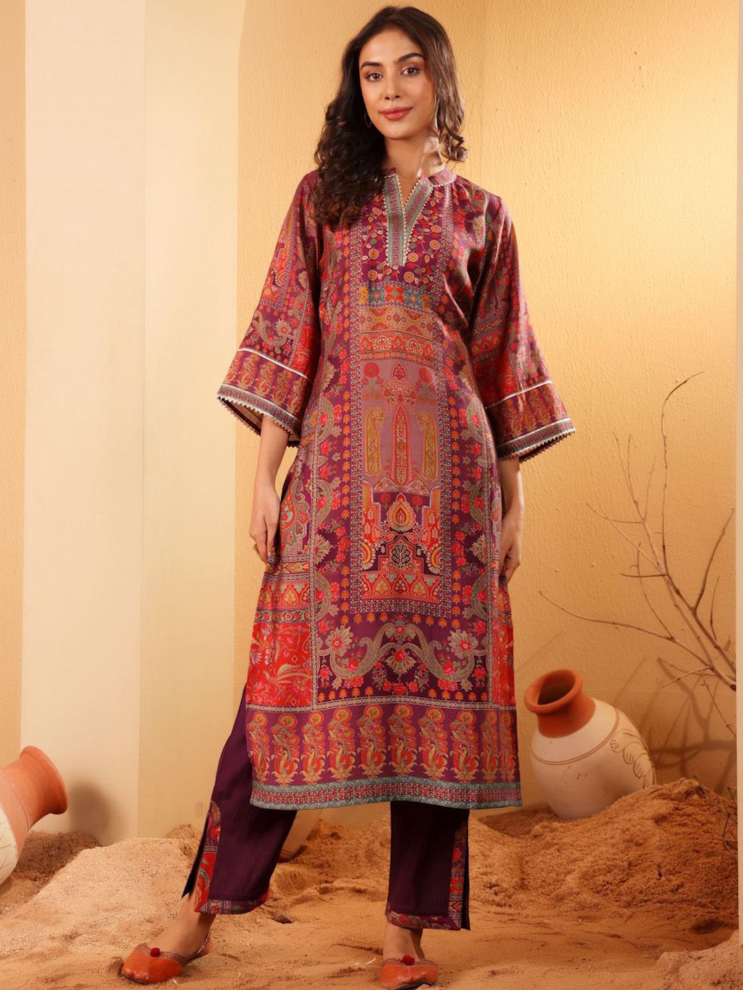 all about you Ethnic Motifs Printed Mandarin Collar Chanderi Silk Kurta With Trousers