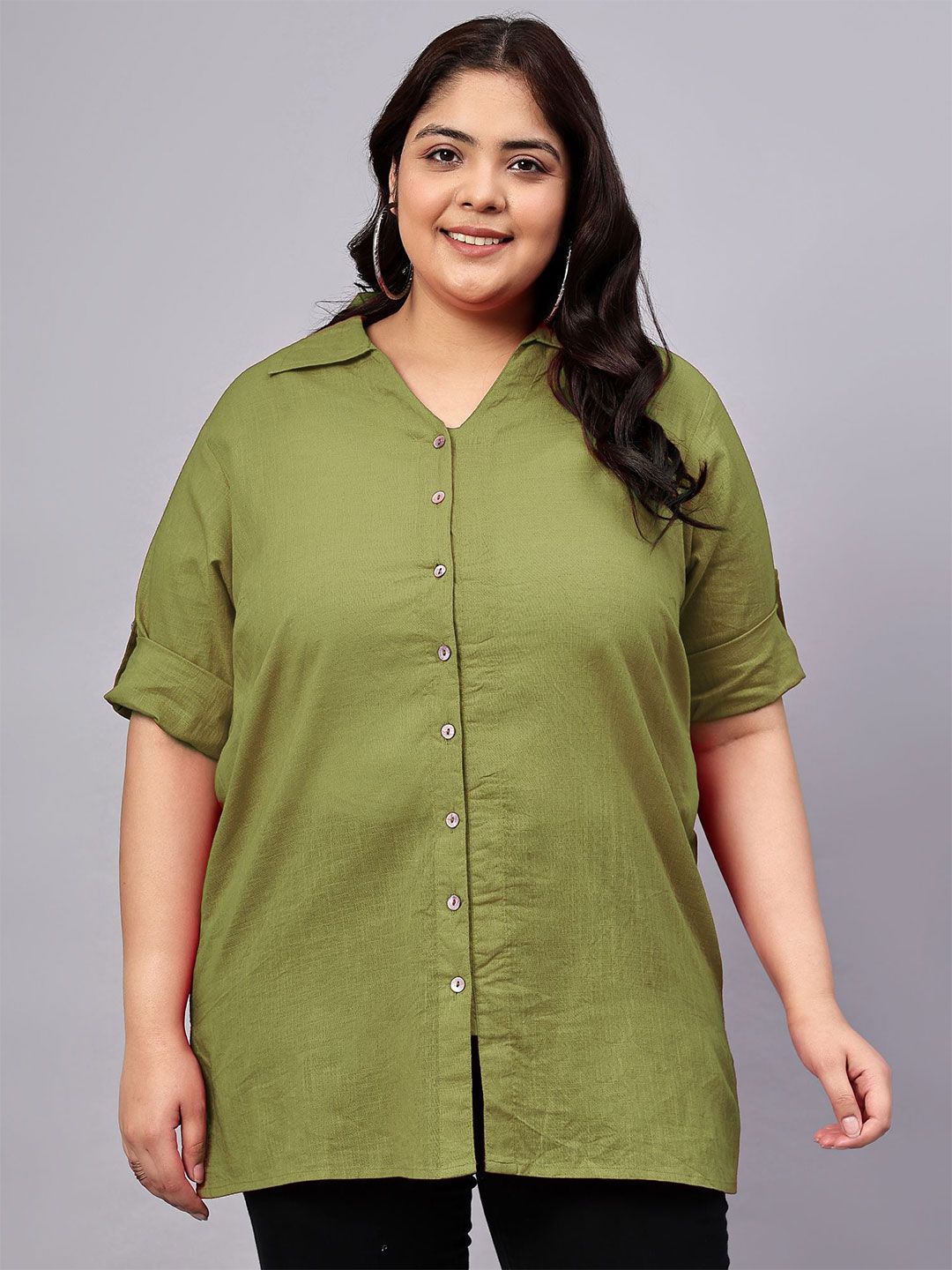 Indietoga Women Solid Roll-Up Sleeves Cotton Shirt Style Longline Top-picture-40