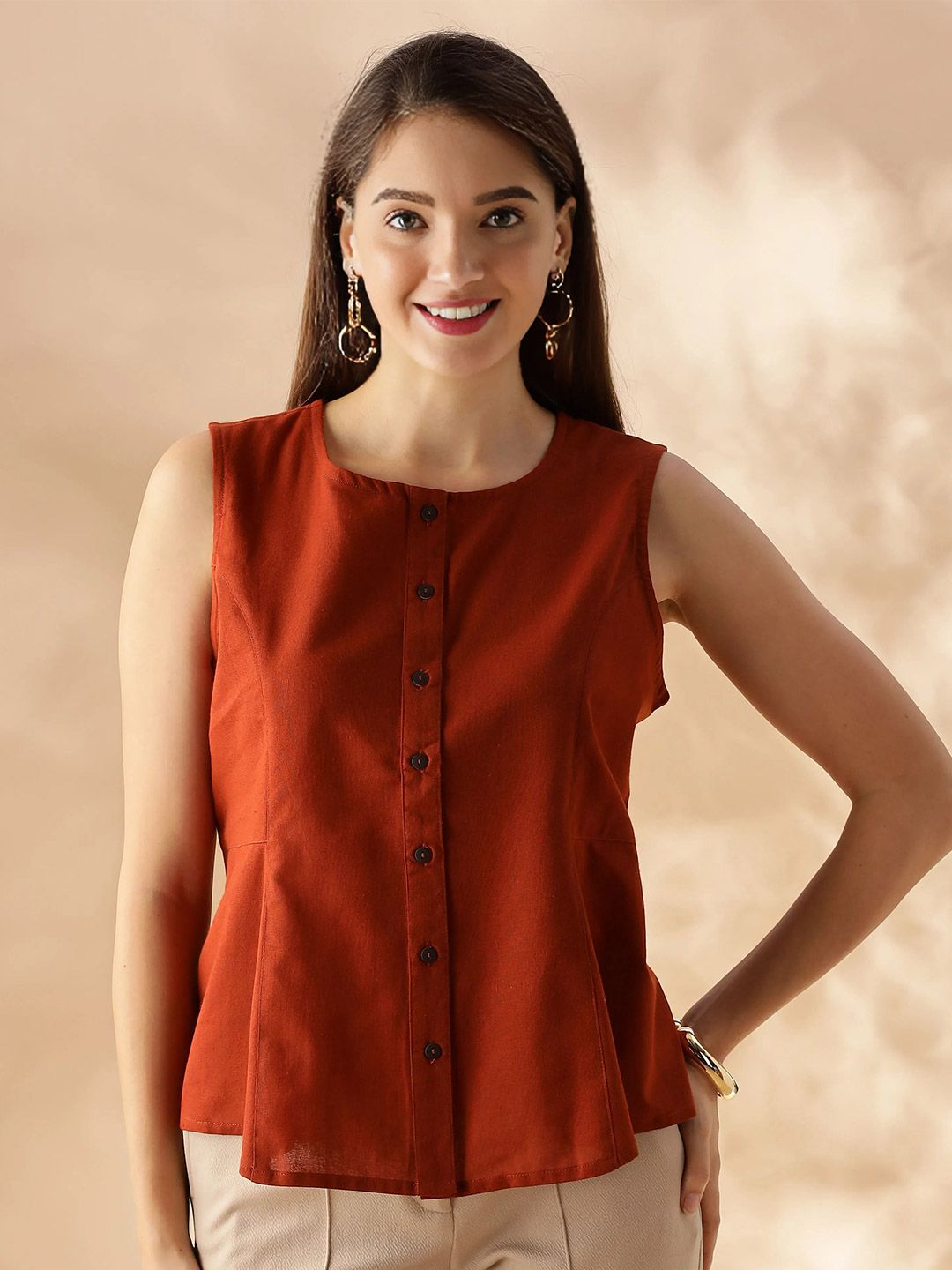 Anouk Women Round Neck Sleeveless Front Open Pure Cotton Top-image-31