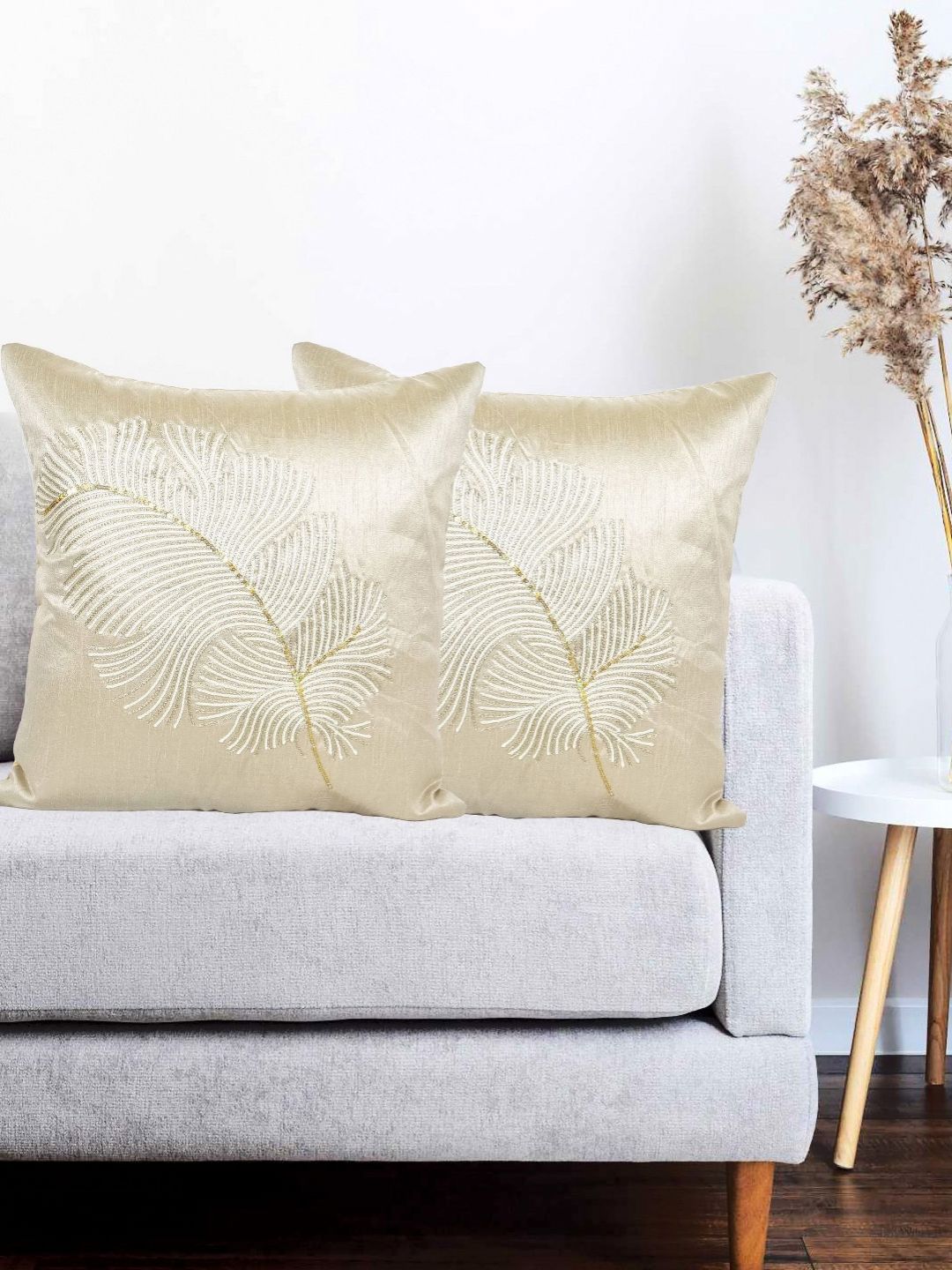 Vinayaka Fab Beige Set of 2 Floral Square Cushion Covers-image-2