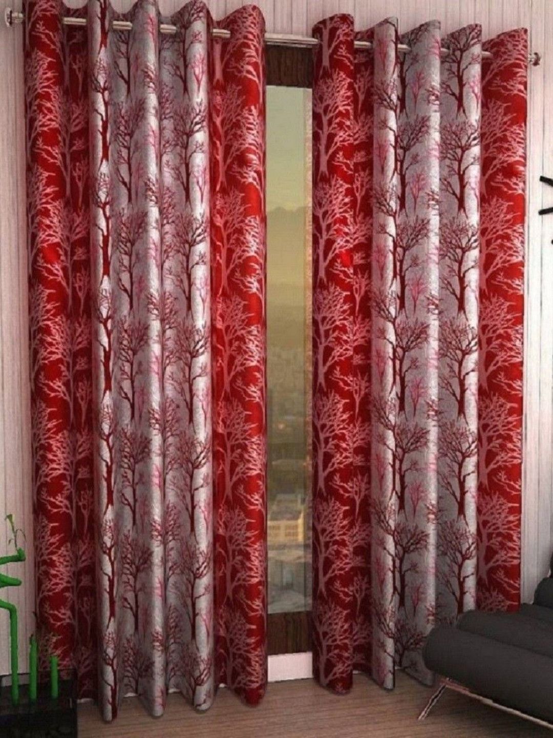 BELLA TRUE Maroon & Pink 2 Pieces Floral Printed Black Out Long Door Curtains-picture-30