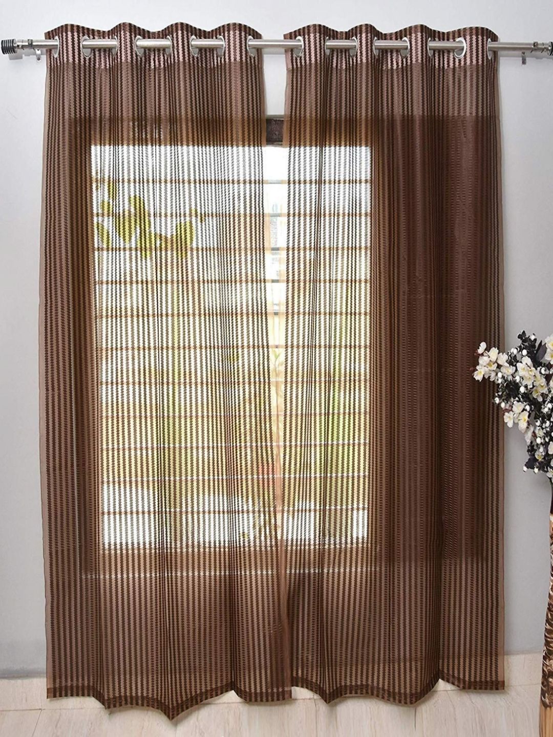 BELLA TRUE Brown 2 Pieces Striped Sheer Window Curtains-image-39