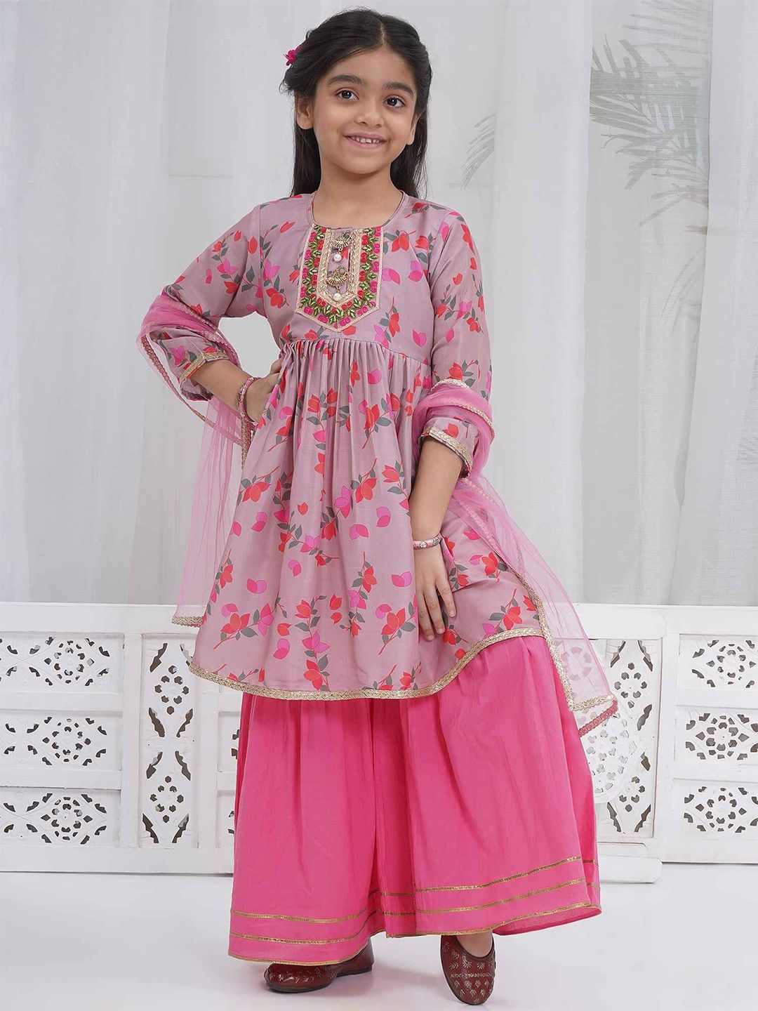 Little Bansi Girls Floral Printed Cotton A-Line Kurta with Palazzo & Dupatta-picture-37