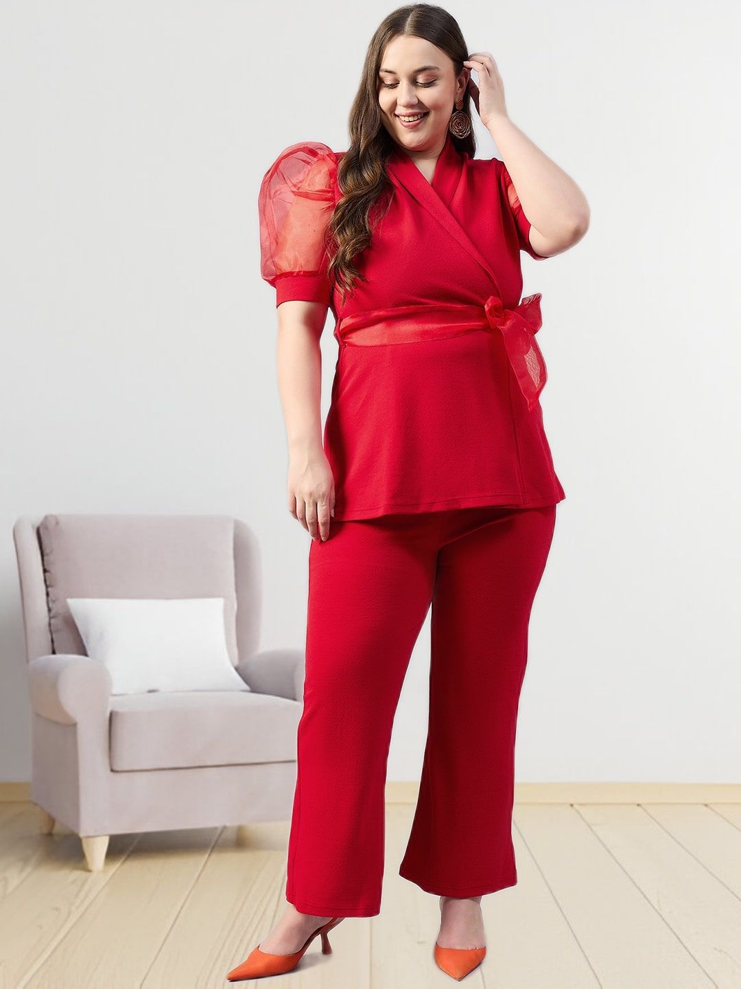 Sztori Plus Size Lapel Collar Neck Top With Trousers Co-Ords-picture-32