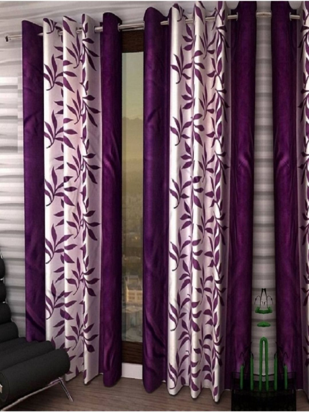 BELLA TRUE Purple 4 Pieces Floral Printed Long Door Curtains-picture-10